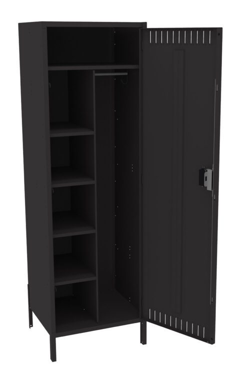 A black metal storage locker with one open door. Inside, there is a vertical rod for hanging items and four shelves on the left side for additional storage. The locker has a sleek, minimalist design.
