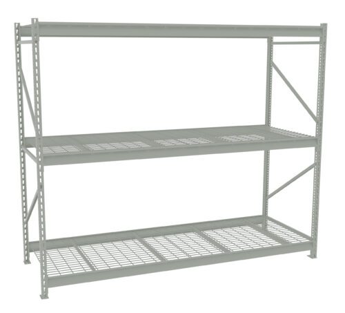 A large, empty industrial storage shelf with three tiers, made of metal with a grid pattern on each level, is positioned against a plain white background.