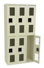 A beige six-compartment locker unit, with three lockers on top and three on the bottom. The locker on the bottom right is open, showing the interior. Each locker features a transparent window and a black handle.