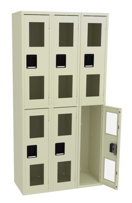 j0kweid75klszruyxnvl.jpg A beige six-compartment locker unit, with three lockers on top and three on the bottom. The locker on the bottom right is open, showing the interior. Each locker features a transparent window and a black handle.
