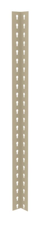 A beige, L-shaped metal bracket with evenly spaced keyhole slots along both sides. The bracket is designed for supporting structures or for use in shelving systems.