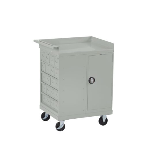 j0tpprhxzrhmcagwk88j.jpg A gray metal rolling cart with a handle, featuring multiple small drawers on the left and a tall compartment with a door on the right. It has four black wheels for mobility.
