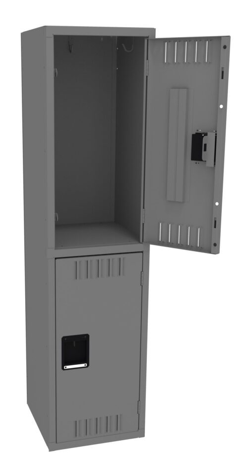 j0z4xcuthwkcp8z23b9a.jpg A gray metal locker with two compartments. The upper compartment door is open, revealing an empty space with a hook. The lower compartment door is closed, featuring a built-in handle and ventilation slits.