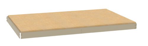 A rectangular wooden shelf with a light brown surface and beige edges, viewed at an angle, showing its flat top and thin profile. The shelf appears sturdy and is designed for use in storage or shelving units.