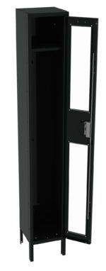 A tall, black, metal locker with its door open. The door features two transparent panels and has a locking mechanism. The interior is empty, featuring a single shelf near the top. The locker stands on four legs.