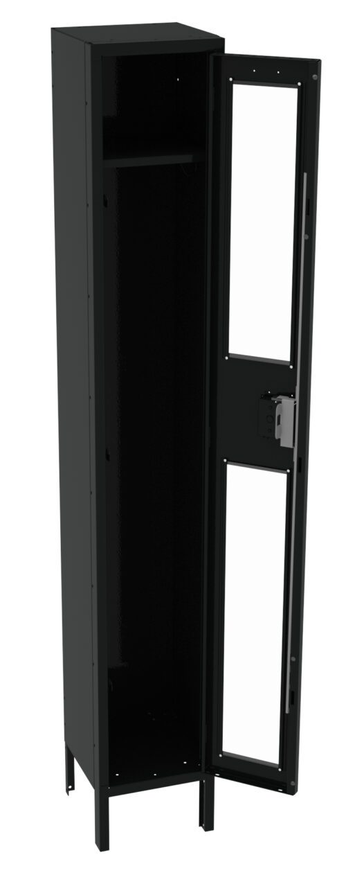 j1dwfineqah4br6lkbu5.jpg A tall, black, metal locker with its door open. The door features two transparent panels and has a locking mechanism. The interior is empty, featuring a single shelf near the top. The locker stands on four legs.