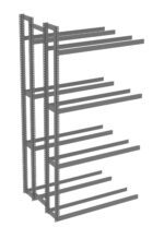 Metal storage rack with two vertical columns and six horizontal shelves, designed for holding long items. The rack is gray and features a modular design, suitable for garages or warehouses.