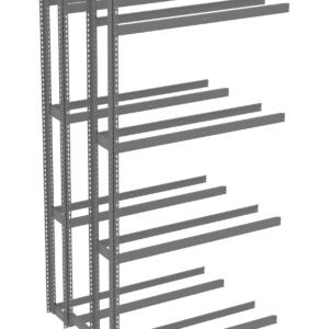 Metal storage rack with two vertical columns and six horizontal shelves, designed for holding long items. The rack is gray and features a modular design, suitable for garages or warehouses.