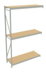 Metal shelving unit with three light brown wooden shelves. The frame is made of light gray metal with vertical supports on the left side and the back without visible on the right. The design is open and minimalist.