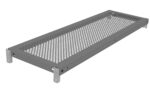 A rectangular metal component with a perforated surface, showing evenly spaced circular holes. It is supported by brackets at each corner, likely used in construction or shelving. The metal has a matte finish.