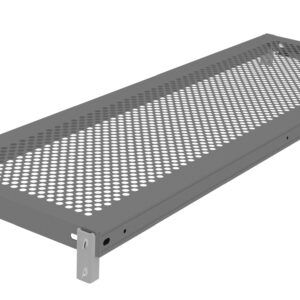 A rectangular metal component with a perforated surface, showing evenly spaced circular holes. It is supported by brackets at each corner, likely used in construction or shelving. The metal has a matte finish.