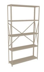 A tall, beige metal shelving unit with five adjustable shelves. The frame has perforated supports and crossbars for stability. The design is simple and functional, ideal for storage in garages or warehouses. The shelves are empty.
