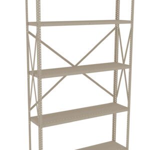 A tall, beige metal shelving unit with five adjustable shelves. The frame has perforated supports and crossbars for stability. The design is simple and functional, ideal for storage in garages or warehouses. The shelves are empty.