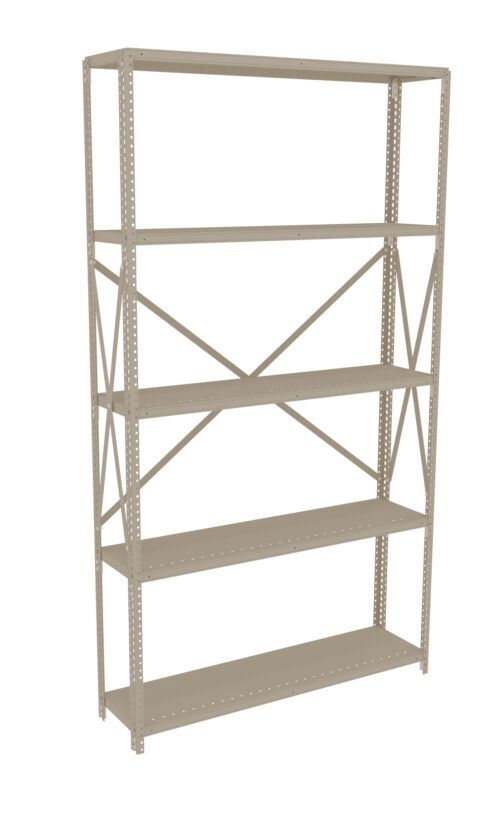 j2rf2dg24thrh3xyc8dc.jpg A tall, beige metal shelving unit with five adjustable shelves. The frame has perforated supports and crossbars for stability. The design is simple and functional, ideal for storage in garages or warehouses. The shelves are empty.