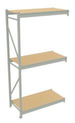 A metal shelving unit with three wooden shelves. The frame is made of light gray metal, and the shelves are evenly spaced with a simple, minimalist design. The shelves extend from left to right, supported by vertical bars on each side.