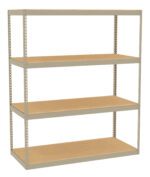 Metal shelving unit with four wooden shelves. The frame is beige with evenly spaced holes along the sides for adjustable shelf placement. The design is simple and utilitarian, suitable for storage or organizing spaces.