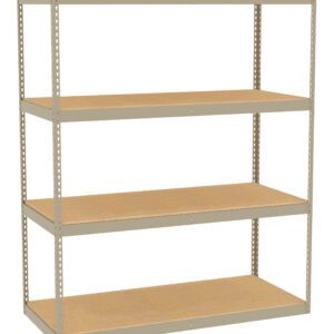 Metal shelving unit with four wooden shelves. The frame is beige with evenly spaced holes along the sides for adjustable shelf placement. The design is simple and utilitarian, suitable for storage or organizing spaces.