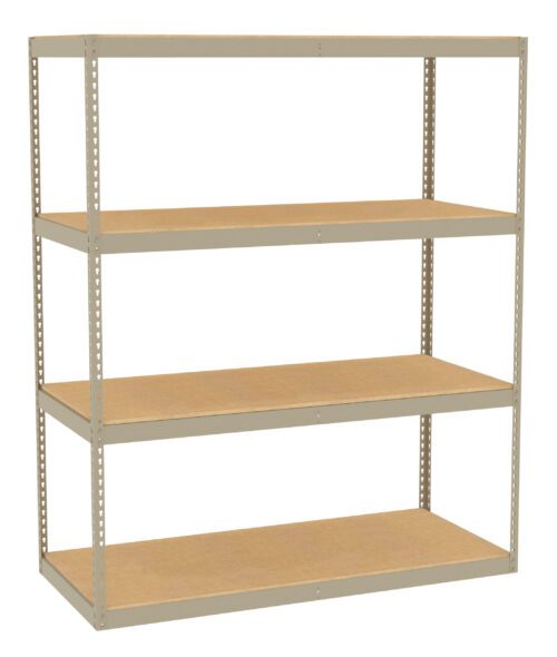 Metal shelving unit with four wooden shelves. The frame is beige with evenly spaced holes along the sides for adjustable shelf placement. The design is simple and utilitarian, suitable for storage or organizing spaces.