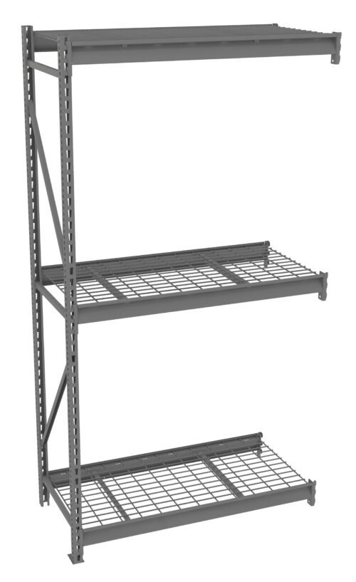 A metal storage rack with three wire shelves. The structure is gray and designed for heavy-duty use, suitable for organizing or storing items in a garage or warehouse. The unit is shown empty against a white background.