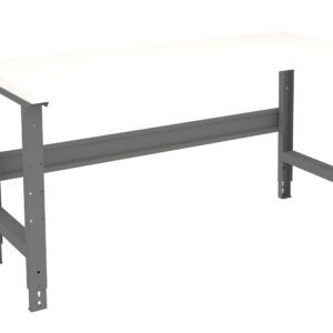 A sturdy industrial-style workbench with a white rectangular tabletop and gray metal legs. The design features adjustable brackets for added support. The bench is set against a plain white background.