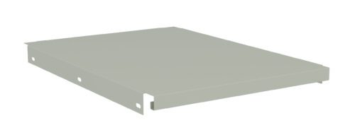 Image of a rectangular, flat, gray metal sheet with bent edges and screw holes on the sides, positioned on a white background.