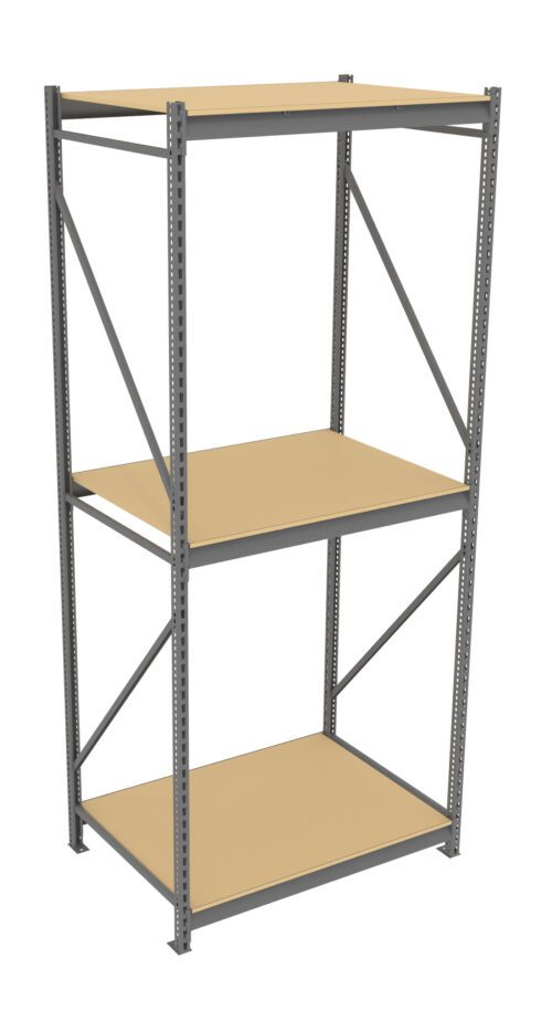A three-tier metal shelving unit with light brown shelves, featuring a simple design with metal supports and cross braces for stability. Suitable for storage or organizing items.