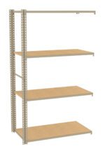 A metallic four-tier shelving unit with wooden shelves. The structure includes vertical support posts with multiple holes for adjustable shelving. The design is simple and functional, suitable for storage or organization purposes.