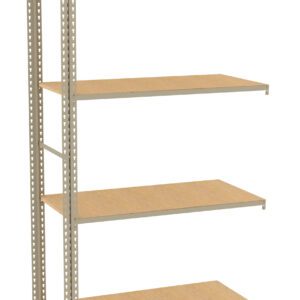 A metallic four-tier shelving unit with wooden shelves. The structure includes vertical support posts with multiple holes for adjustable shelving. The design is simple and functional, suitable for storage or organization purposes.