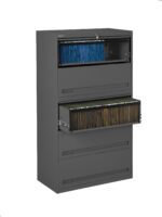 A tall gray metal filing cabinet with several drawers is shown. The top drawer is open, revealing blue folders, and a middle drawer is partially open, displaying brown and yellow folders. The bottom drawers are closed.