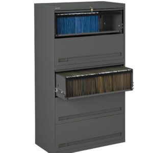A tall gray metal filing cabinet with several drawers is shown. The top drawer is open, revealing blue folders, and a middle drawer is partially open, displaying brown and yellow folders. The bottom drawers are closed.