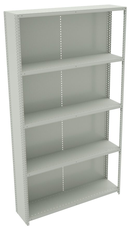 j6ndno78y4kykqntqgo9.jpg A tall, empty metal shelving unit with five adjustable shelves and a light gray finish. The shelves have evenly spaced holes along the edges for adjustments and are supported by sturdy, perforated side panels.