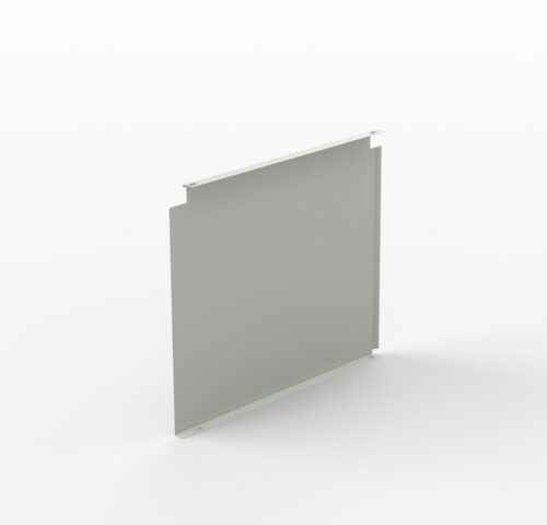 A plain, gray rectangular metal panel with small flanges on the top and bottom edges, standing upright against a white background. The panel has a simple and minimalistic design.
