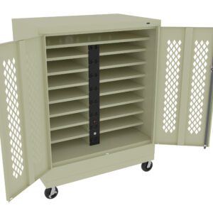 A beige mobile storage cabinet with two open doors revealing multiple adjustable shelves and a central electrical strip. The cabinet is on wheels, allowing for easy movement. The doors have a perforated pattern to facilitate ventilation.