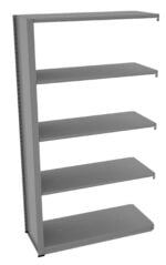 A gray metal shelving unit with five shelves, shown from a side angle. The shelves are evenly spaced and supported by vertical metal frames. The design is minimalist and industrial.