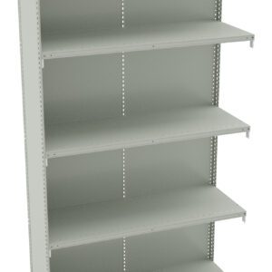 A metal shelving unit with five adjustable shelves, painted in light gray. The shelves are empty, and the unit is set against a plain white background.