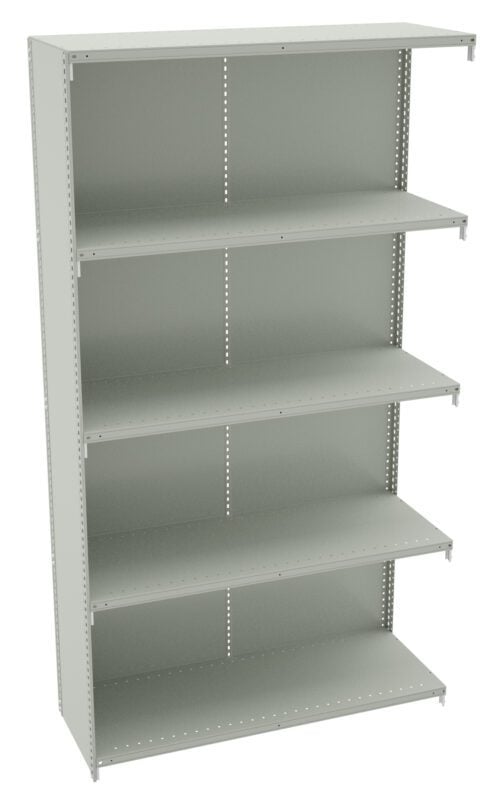 A metal shelving unit with five adjustable shelves, painted in light gray. The shelves are empty, and the unit is set against a plain white background.