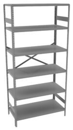 A tall, gray metal shelving unit with five evenly spaced shelves. The frame is made of sturdy metal beams, with crossbars providing additional support in the back. The shelves are flat and display no items.