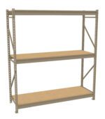Metal storage rack with three wooden shelves, featuring a simple frame and diagonal supports. The rack is empty and positioned against a white background, showcasing an industrial design.