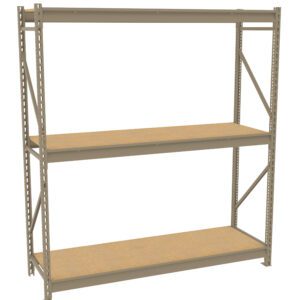 Metal storage rack with three wooden shelves, featuring a simple frame and diagonal supports. The rack is empty and positioned against a white background, showcasing an industrial design.