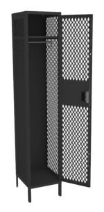 A black metal locker with a diamond-patterned mesh design and a single open door. The interior features a horizontal bar for hanging items. The locker stands on four legs.