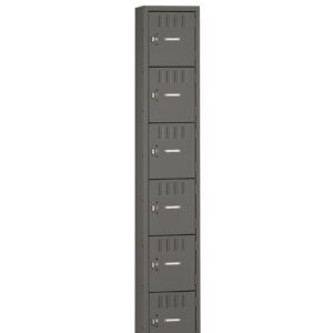 A tall, green metal locker with six compartments, each with a ventilation slot and a key lock. The locker is freestanding against a white background.