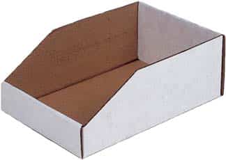jaken-bin-Corrugated-1.jpg A white and brown cardboard storage bin with an open top and angled sides, designed for organizing and holding items.