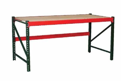 A sturdy workbench with a wooden top, supported by a metal frame. The frame features green legs with angled supports and a red horizontal beam underneath the tabletop, providing stability. The bench has an industrial design.