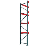The Jaken Pallet Rack Upright 36x120 Seismic FP is a robust industrial steel shelving unit with a vertical frame, diagonal braces, and red horizontal beams, ideal for heavy-duty storage in warehouses.
