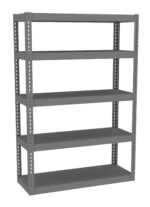 A gray metal shelving unit with five evenly spaced shelves. The frame has small holes along the vertical supports, suggesting adjustability. The unit is empty and stands against a white background.