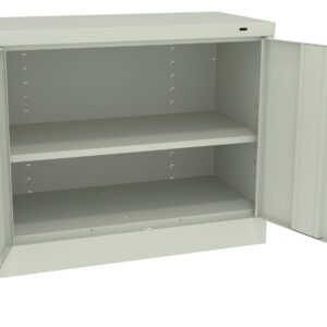 A large metal storage cabinet is open, revealing two shelves inside. The cabinet is light gray and both doors are fully open, showing the spacious interior suitable for storage.