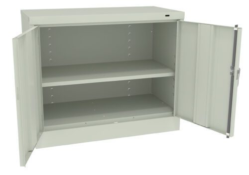 jazb4fq9fwuhxdux2lvn.jpg A large metal storage cabinet is open, revealing two shelves inside. The cabinet is light gray and both doors are fully open, showing the spacious interior suitable for storage.