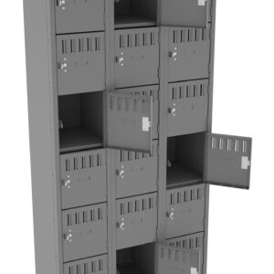 A gray steel locker unit with three columns and five rows. Some locker doors are open, featuring ventilation slits and combination locks. Several narrow shelves are visible inside the open compartments.