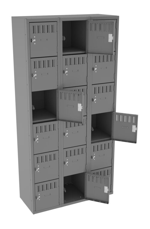 A gray steel locker unit with three columns and five rows. Some locker doors are open, featuring ventilation slits and combination locks. Several narrow shelves are visible inside the open compartments.