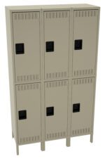 A beige metal locker with six compartments arranged in two rows of three. Each compartment has a black handle and ventilation slots on the door. The locker stands on legs, offering ample storage space.